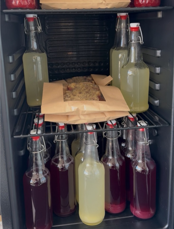 Homemade probiotic drinks chilling in the fridge